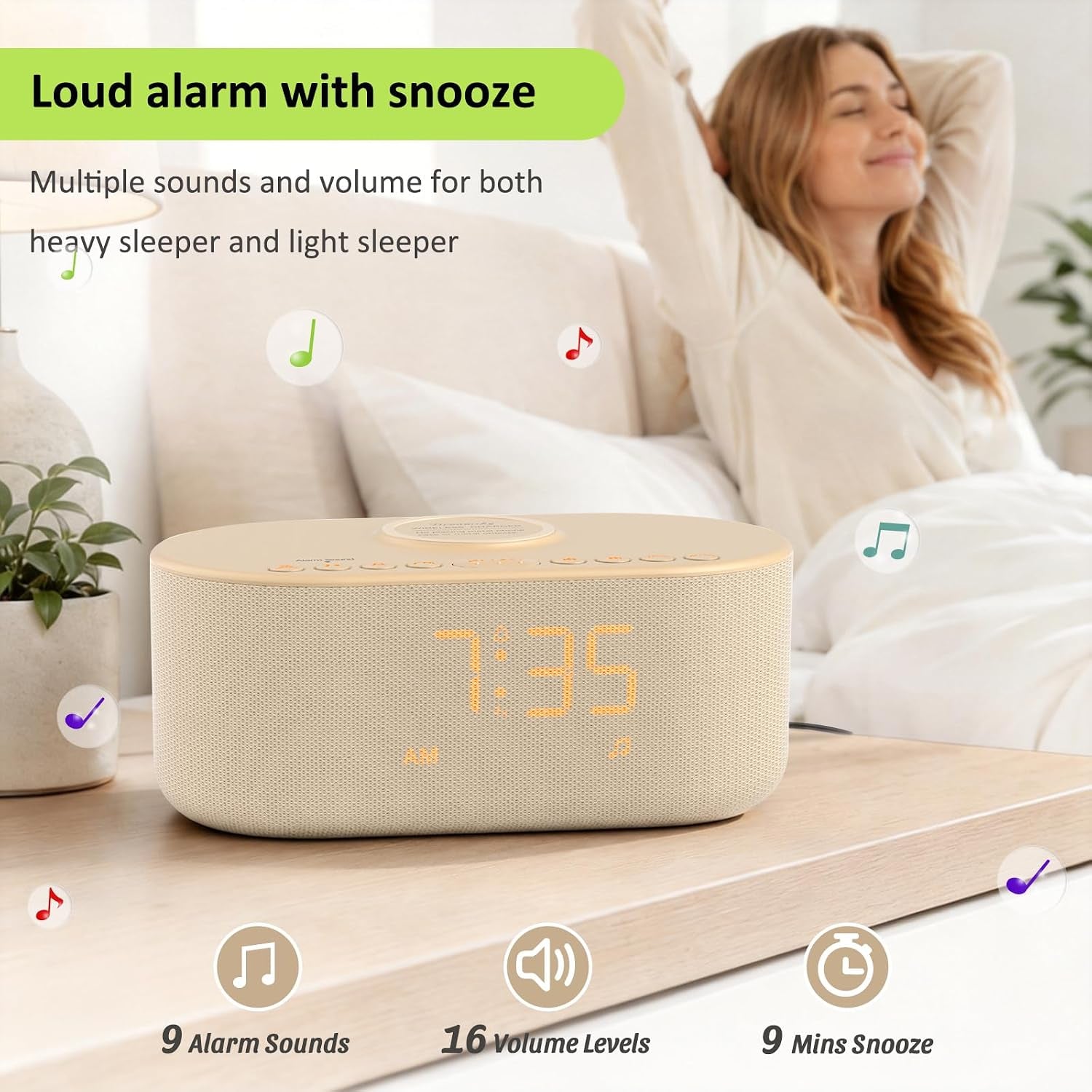 Alarm Clock with Wireless Charging for Apple and Samsung Phones | Enhanced Loud Alarm for Heavy Sleepers, Digital FM Radio with Sleep Timer, Adjustable Brightness, Multiple Alarm Sounds & Volume Levels, USB Charging Port