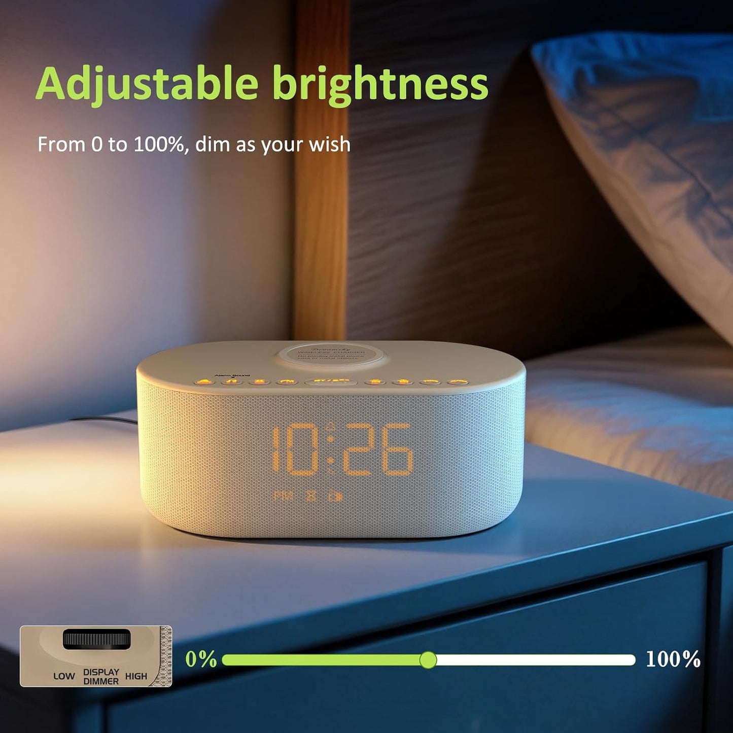 Alarm Clock with Wireless Charging for Apple and Samsung Phones | Enhanced Loud Alarm for Heavy Sleepers, Digital FM Radio with Sleep Timer, Adjustable Brightness, Multiple Alarm Sounds & Volume Levels, USB Charging Port