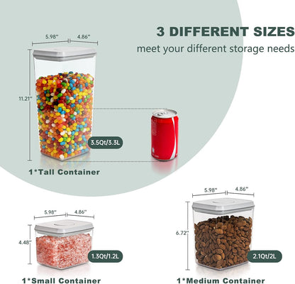 Airtight Food Storage Container Set, 3-Piece (3.5 Qt, 2.1 Qt, 1.3 Qt) - Clear Stackable Canisters with One-Touch Lids for Flour, Cereal, Oats, Sugar, Snacks, and Pantry Essentials for Compact Kitchens
