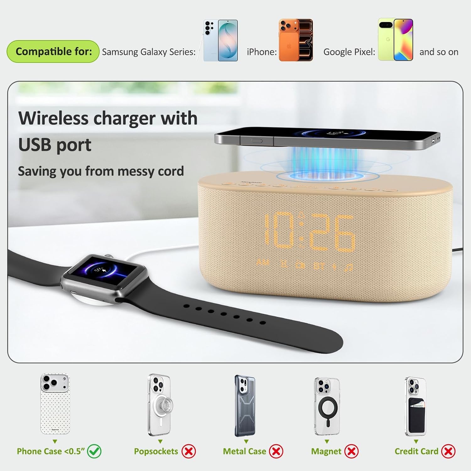 Alarm Clock with Wireless Charging for Apple and Samsung Phones | Enhanced Loud Alarm for Heavy Sleepers, Digital FM Radio with Sleep Timer, Adjustable Brightness, Multiple Alarm Sounds & Volume Levels, USB Charging Port