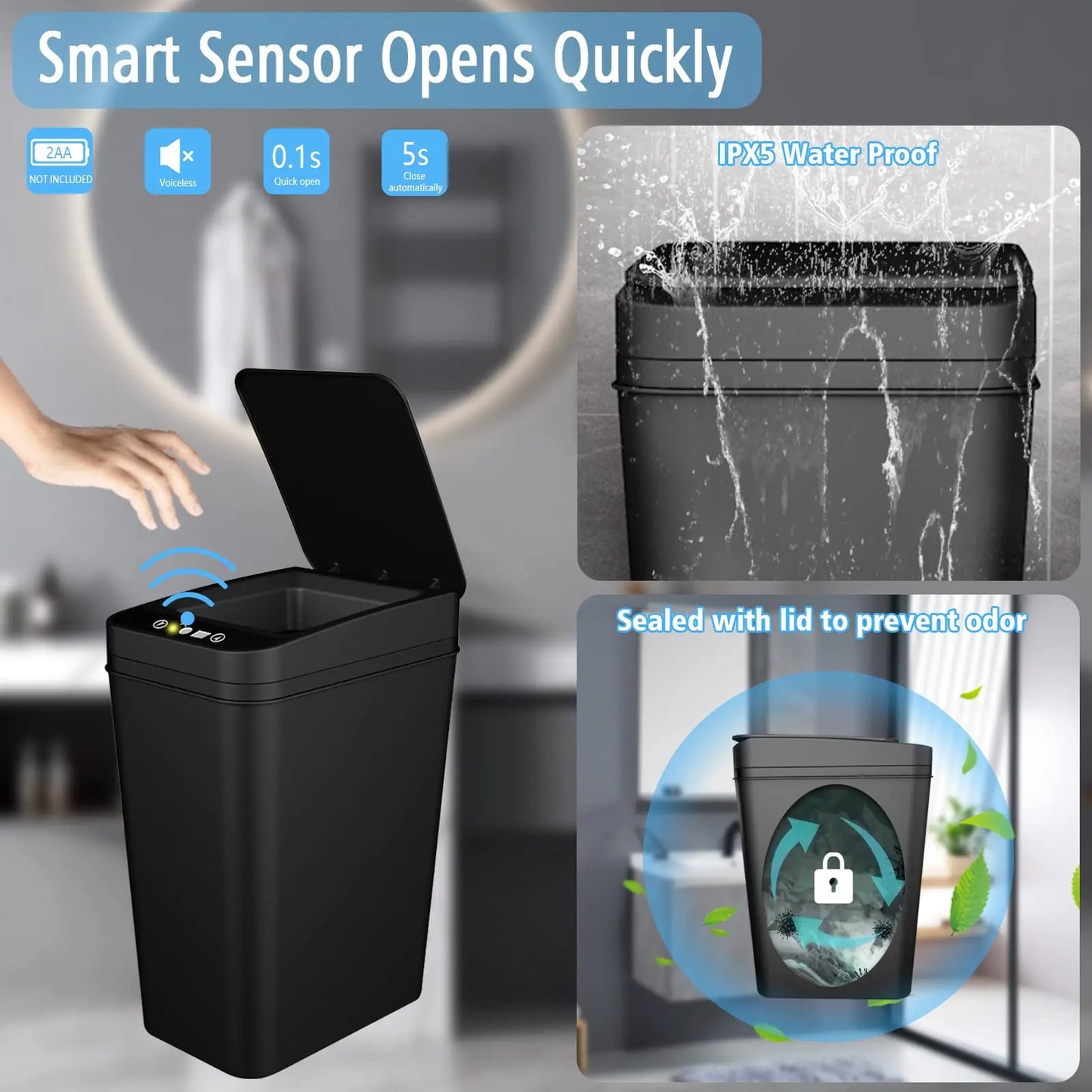 Touchless Automatic Bathroom Trash Can with Lid - Slim Motion Sensor Smart Bin for Bedroom, Office, and Living Room