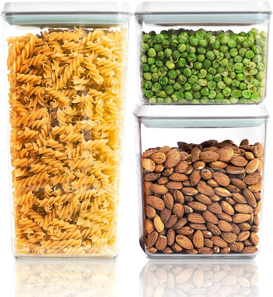 Airtight Food Storage Container Set, 3-Piece (3.5 Qt, 2.1 Qt, 1.3 Qt) - Clear Stackable Canisters with One-Touch Lids for Flour, Cereal, Oats, Sugar, Snacks, and Pantry Essentials for Compact Kitchens