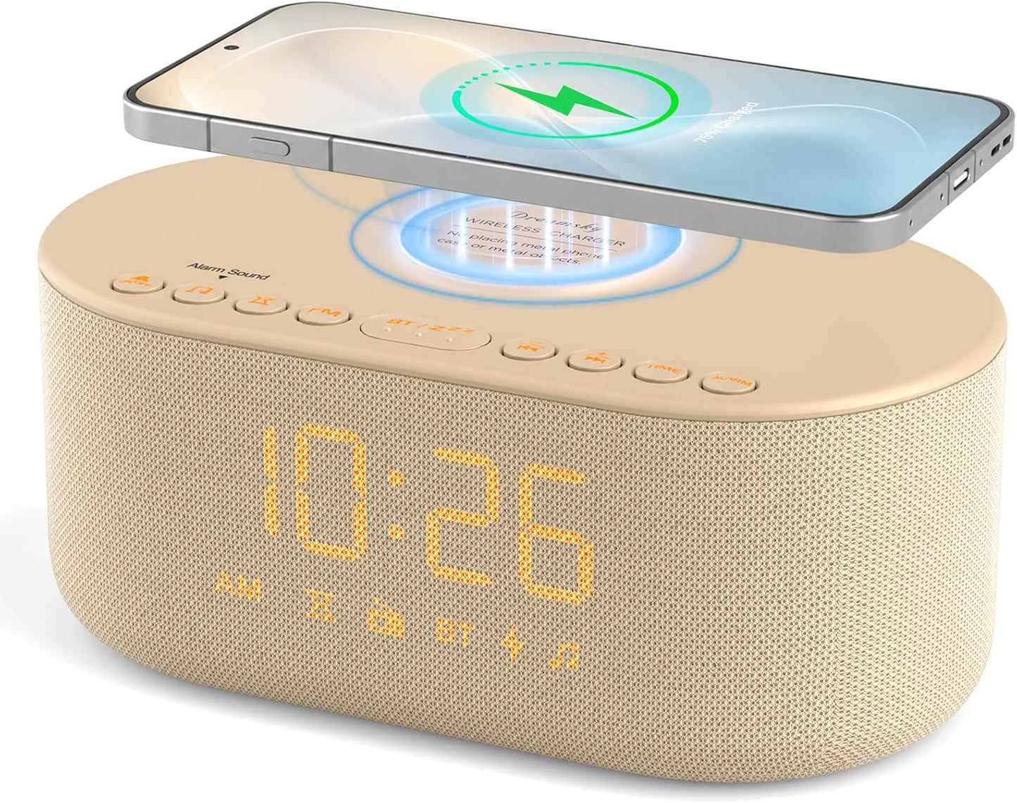 Alarm Clock with Wireless Charging for Apple and Samsung Phones | Enhanced Loud Alarm for Heavy Sleepers, Digital FM Radio with Sleep Timer, Adjustable Brightness, Multiple Alarm Sounds & Volume Levels, USB Charging Port