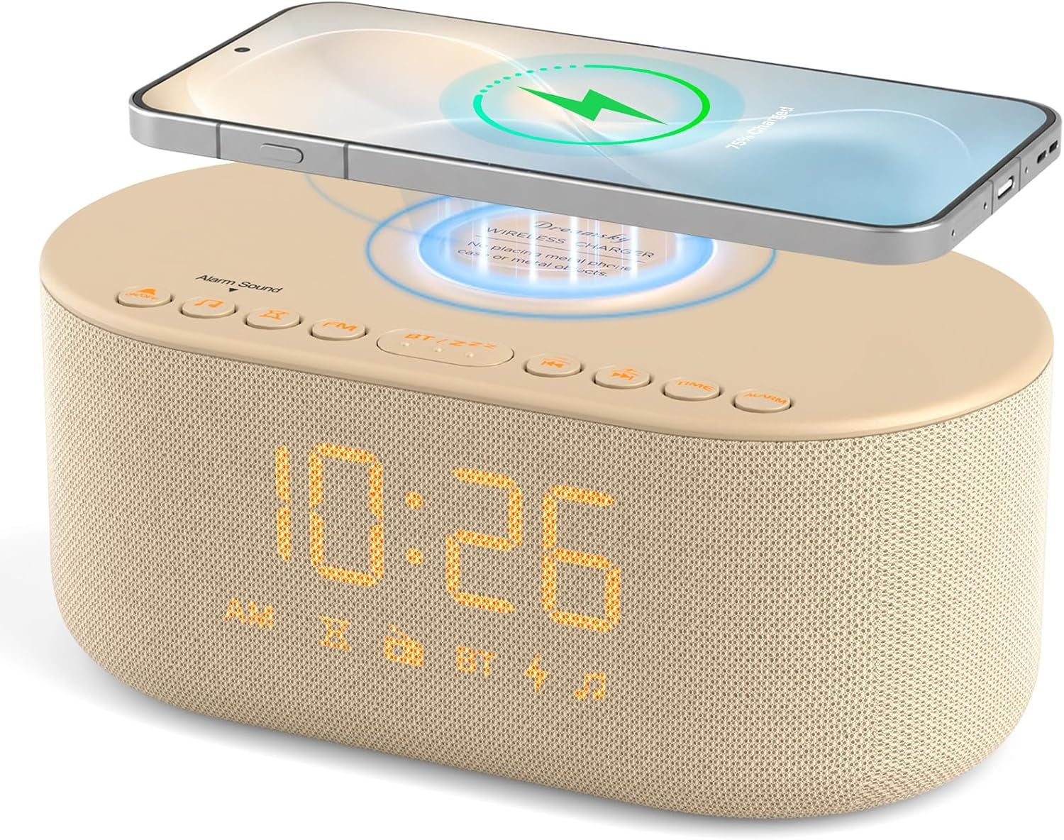 Alarm Clock with Wireless Charging for Apple and Samsung Phones | Enhanced Loud Alarm for Heavy Sleepers, Digital FM Radio with Sleep Timer, Adjustable Brightness, Multiple Alarm Sounds & Volume Levels, USB Charging Port