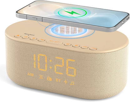 Alarm Clock with Wireless Charging for Apple and Samsung Phones | Enhanced Loud Alarm for Heavy Sleepers, Digital FM Radio with Sleep Timer, Adjustable Brightness, Multiple Alarm Sounds & Volume Levels, USB Charging Port