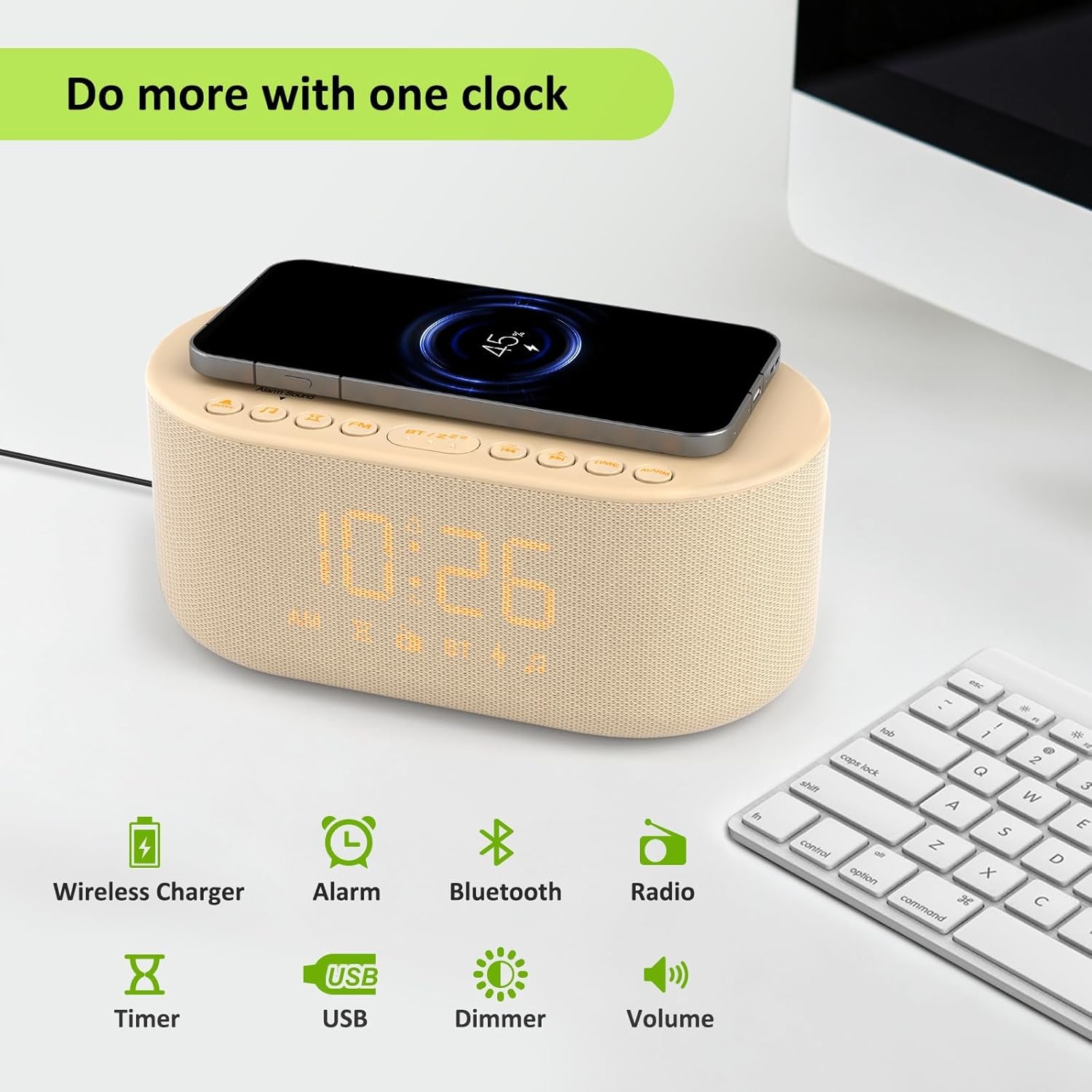 Alarm Clock with Wireless Charging for Apple and Samsung Phones | Enhanced Loud Alarm for Heavy Sleepers, Digital FM Radio with Sleep Timer, Adjustable Brightness, Multiple Alarm Sounds & Volume Levels, USB Charging Port