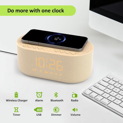 Alarm Clock with Wireless Charging for Apple and Samsung Phones | Enhanced Loud Alarm for Heavy Sleepers, Digital FM Radio with Sleep Timer, Adjustable Brightness, Multiple Alarm Sounds & Volume Levels, USB Charging Port