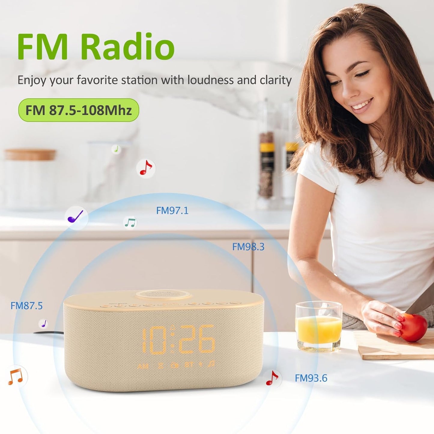 Alarm Clock with Wireless Charging for Apple and Samsung Phones | Enhanced Loud Alarm for Heavy Sleepers, Digital FM Radio with Sleep Timer, Adjustable Brightness, Multiple Alarm Sounds & Volume Levels, USB Charging Port