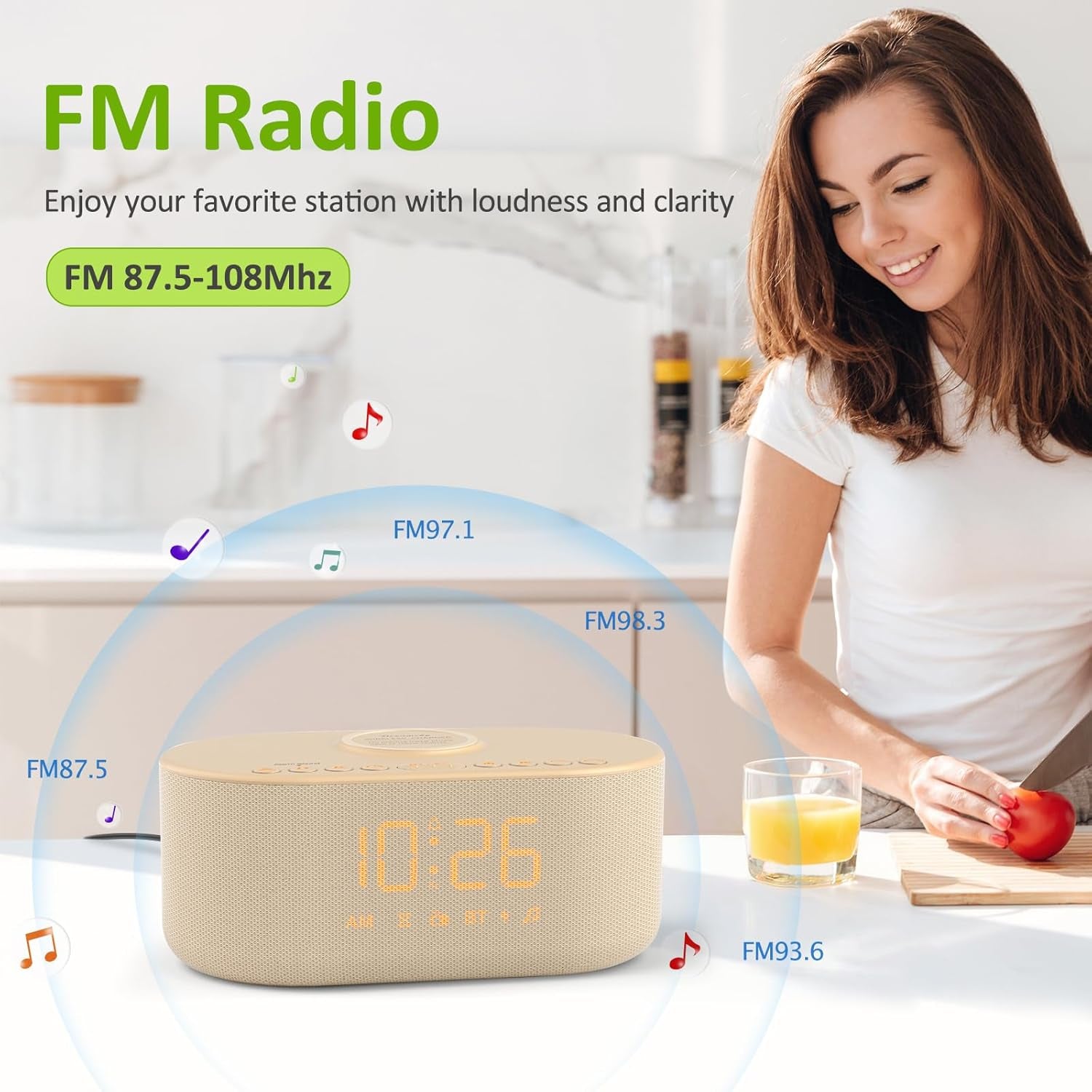 Alarm Clock with Wireless Charging for Apple and Samsung Phones | Enhanced Loud Alarm for Heavy Sleepers, Digital FM Radio with Sleep Timer, Adjustable Brightness, Multiple Alarm Sounds & Volume Levels, USB Charging Port